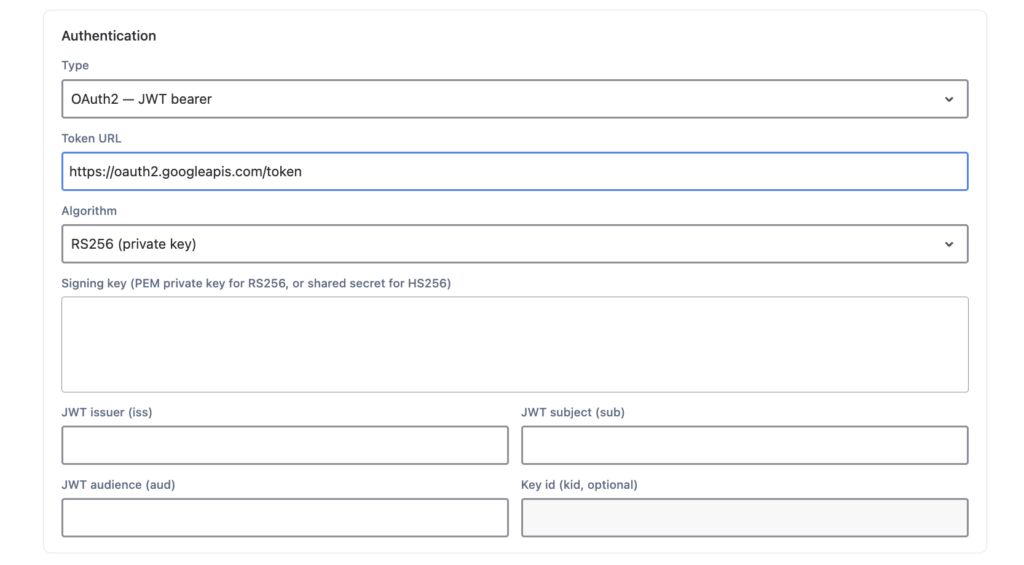 OnLink authentication settings for the Google Cloud API using a service account JWT