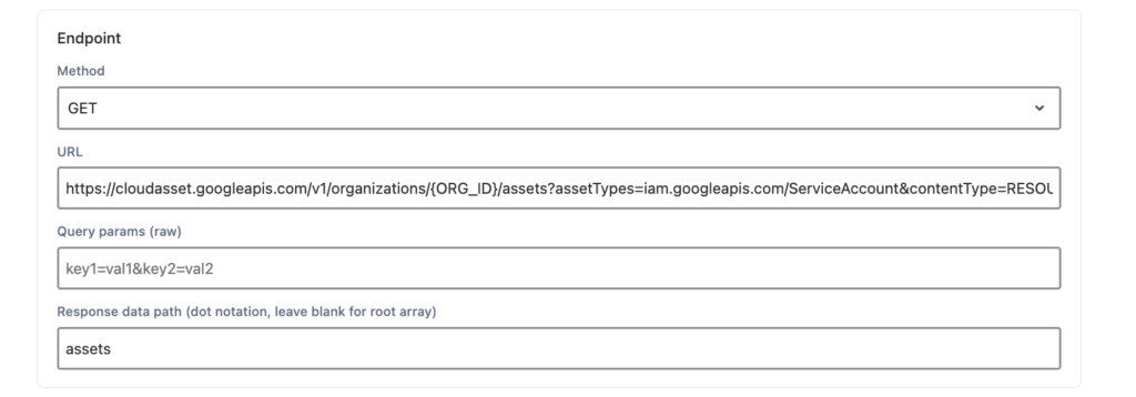 OnLink endpoint settings for the Google Cloud API call that lists VMs