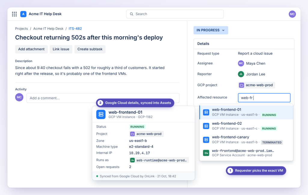 Jira Service Management request with a Google Cloud VM picker filled from JSM Assets